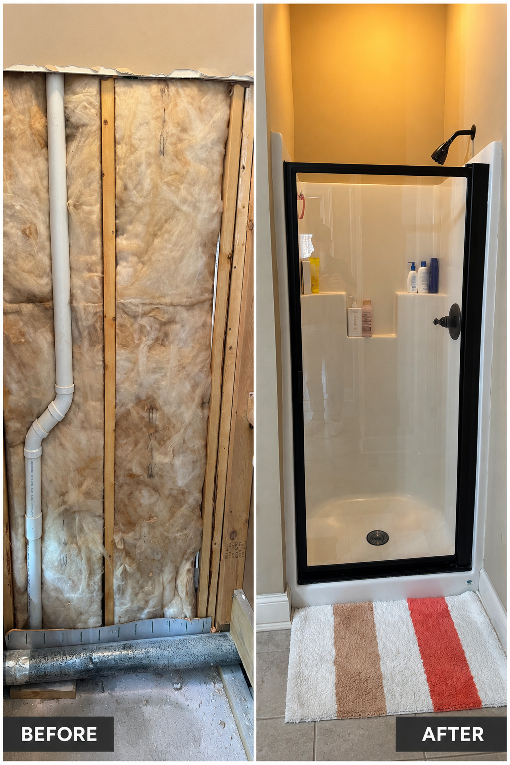Before-and-after shower remodel showing exposed studs, insulation and plumbing, followed by the finished shower with a black-framed glass door.