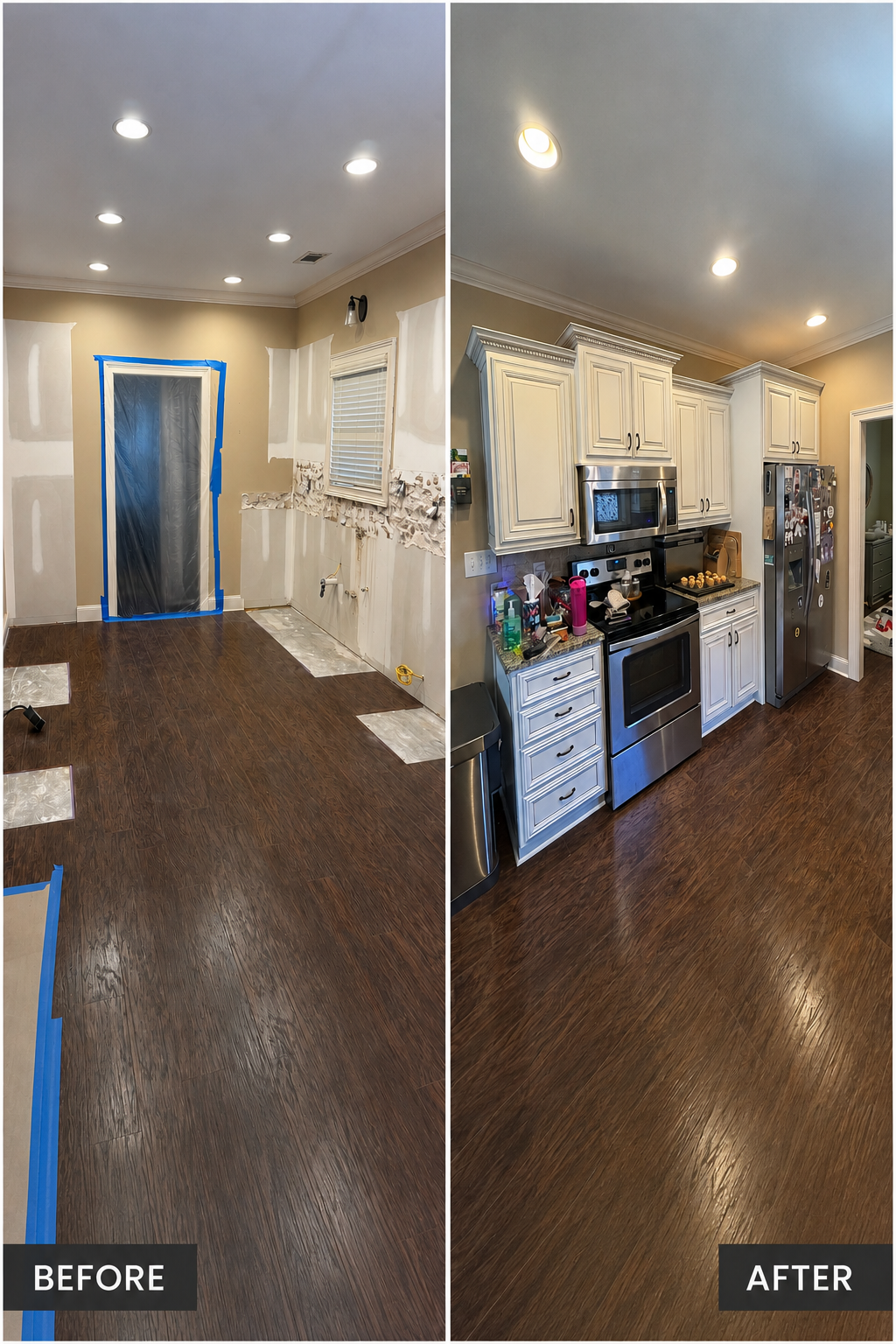Before-and-after kitchen remodel showing the stripped kitchen space and the completed room with white cabinets and stainless steel appliances.