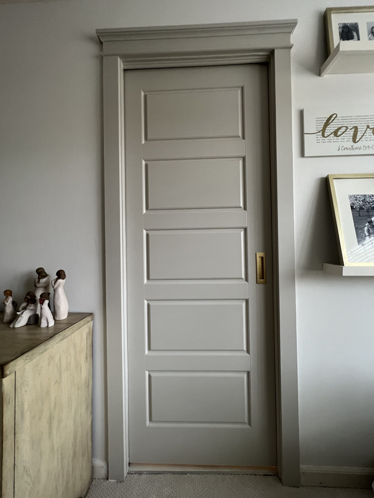 Custom door entry to remodeled bathroom in Statham, GA by Encompass Contracting with five-panel trim design